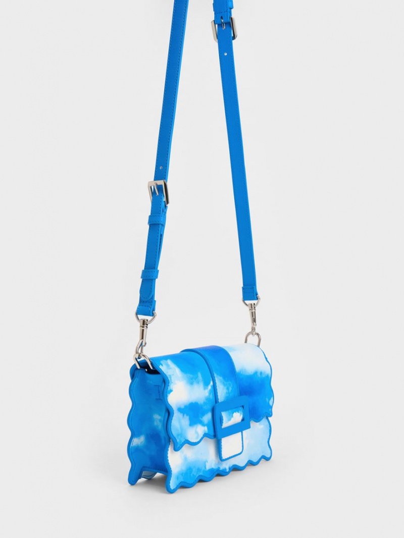 τσάντεσ ώμου Charles And Keith Waverly Cloud-Print Scallop-Trim μπλε | 89053-HGBK
