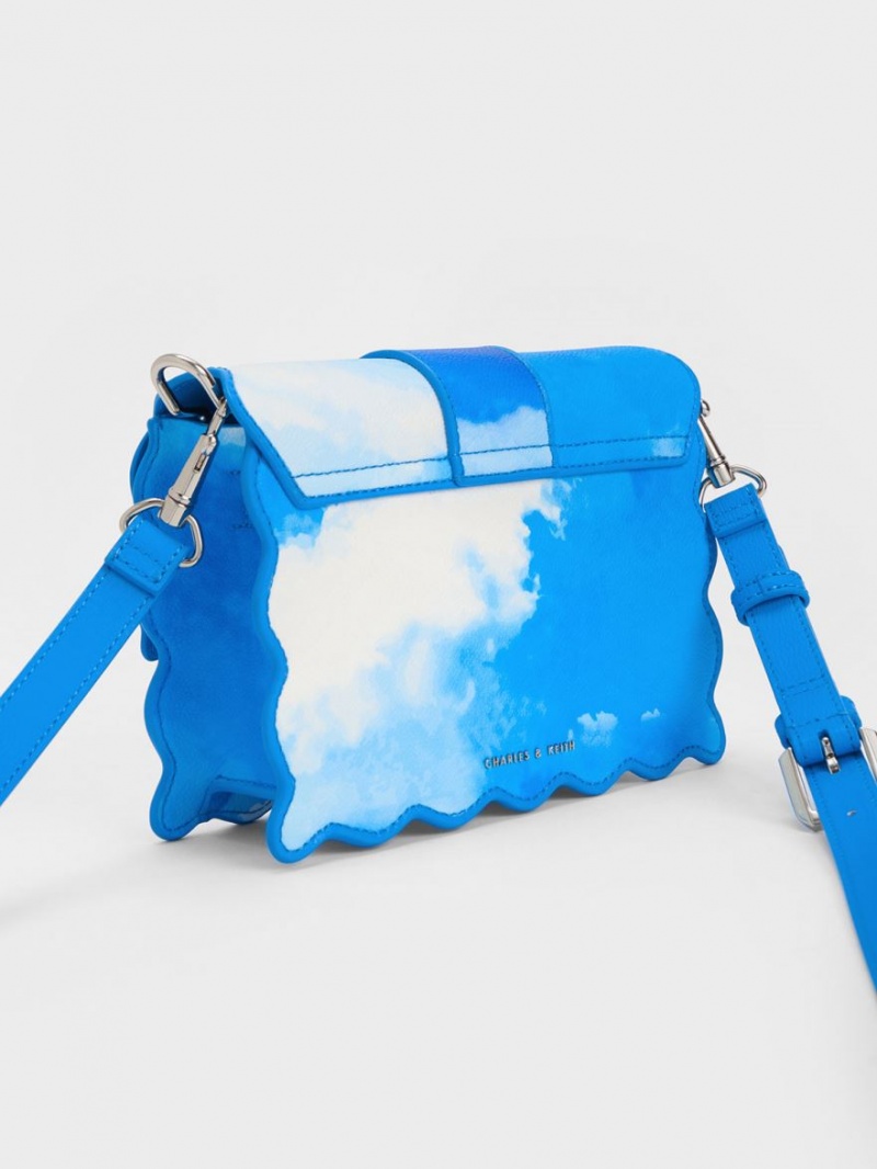 τσάντεσ ώμου Charles And Keith Waverly Cloud-Print Scallop-Trim μπλε | 89053-HGBK