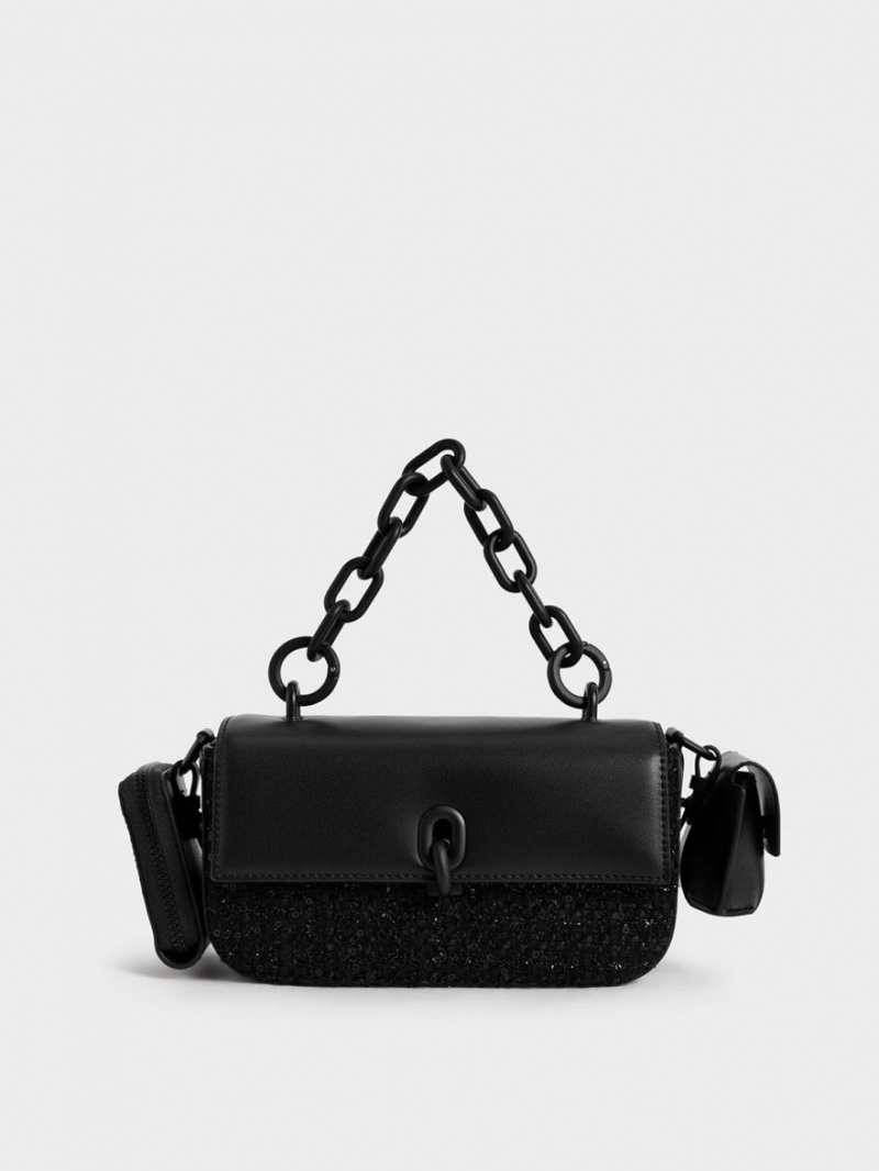 τσάντεσ ώμου Charles And Keith Wren Acrylic Chain Handle Tweed μαυρα | 60195-NVUP