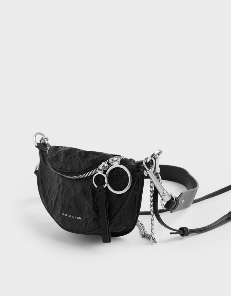 τσάντεσ χιαστί Charles And Keith Wrinkled Effect Ring Zip Tassel μαυρα | 56238-AXYJ