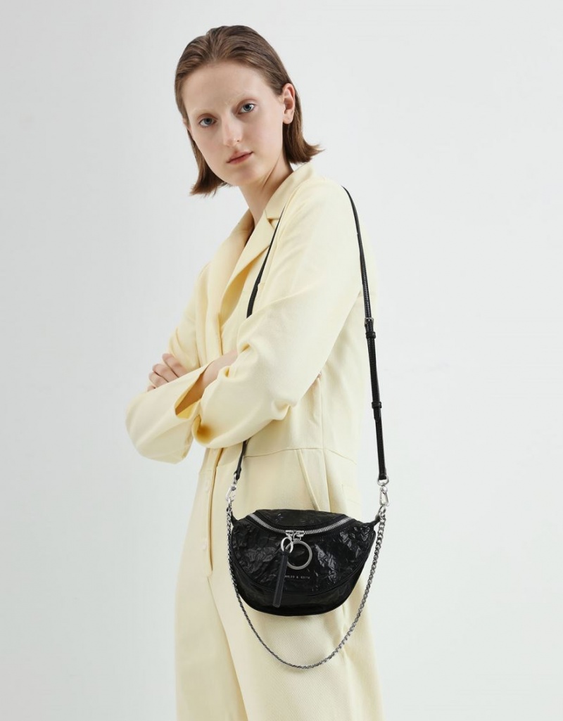 τσάντεσ χιαστί Charles And Keith Wrinkled Effect Ring Zip Tassel μαυρα | 56238-AXYJ
