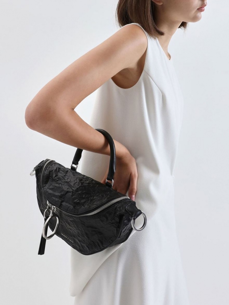 τσάντεσ χιαστί Charles And Keith Wrinkled Effect Semi-Circle μαυρα | 67945-RWOJ