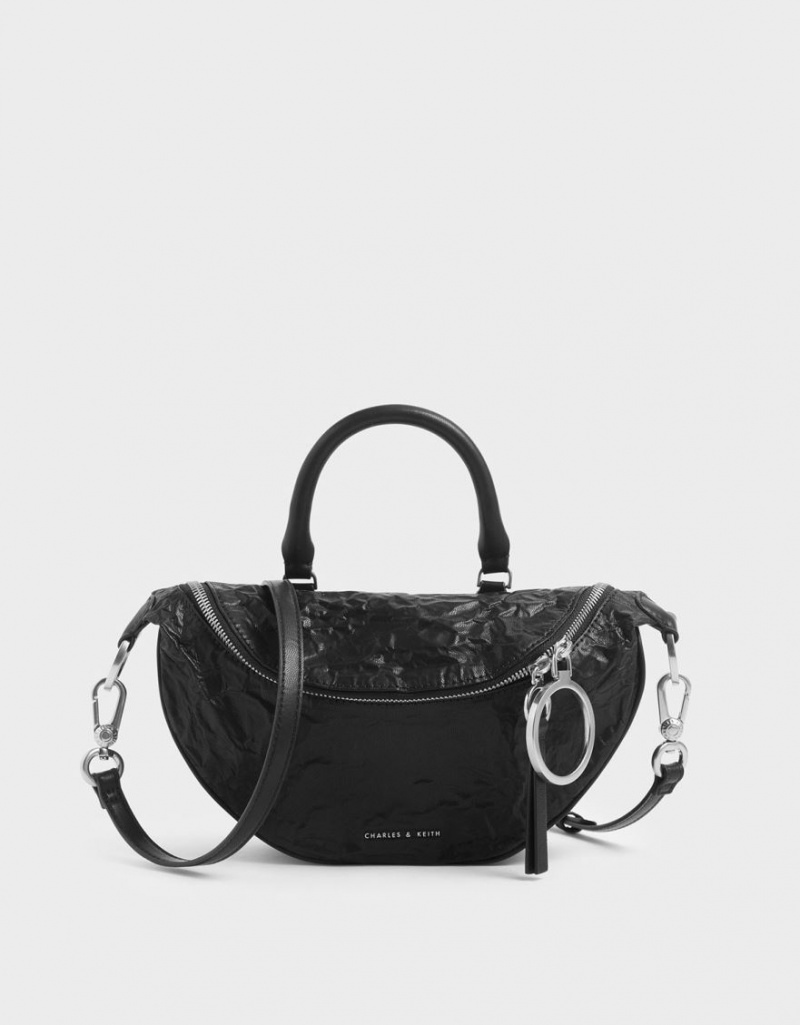 τσάντεσ χιαστί Charles And Keith Wrinkled Effect Semi-Circle μαυρα | 67945-RWOJ