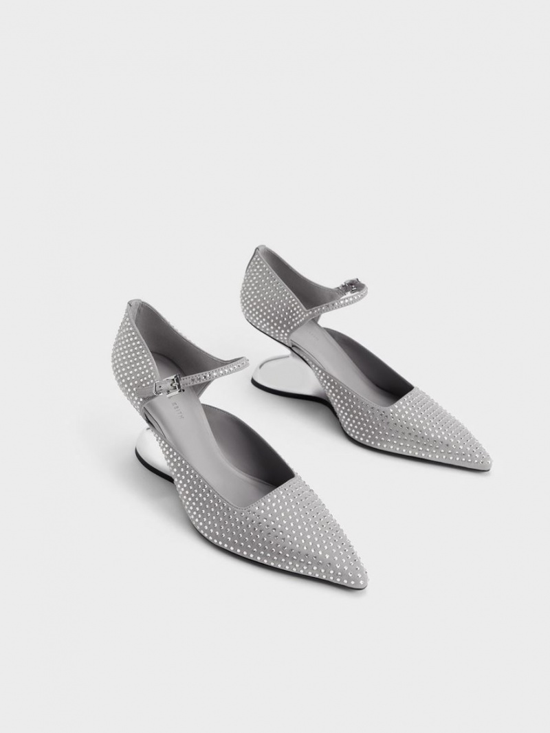 παπουτσια πλατφορμα Charles And Keith Zania Gem-Embellished Sculptural D'Orsay γκρι | 06594-NDYA