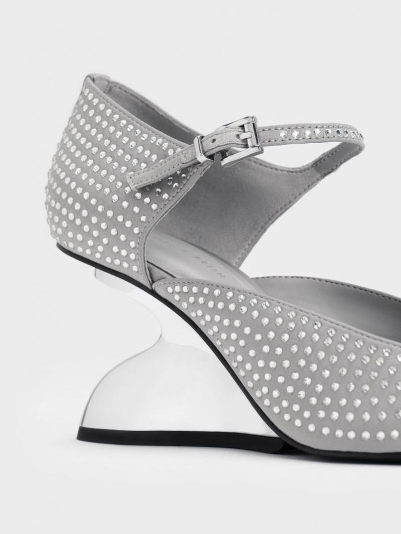 παπουτσια πλατφορμα Charles And Keith Zania Gem-Embellished Sculptural D'Orsay γκρι | 06594-NDYA