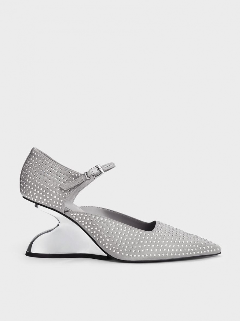 παπουτσια πλατφορμα Charles And Keith Zania Gem-Embellished Sculptural D\'Orsay γκρι | 06594-NDYA