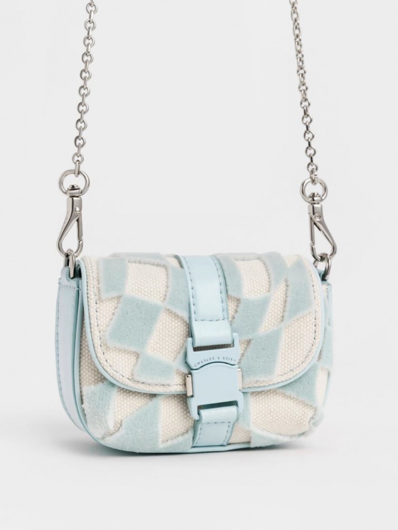 μίνι τσάντες Charles And Keith Zetta Belt πόρπης Checkered ανοιχτο μπλε | 35806-HENV