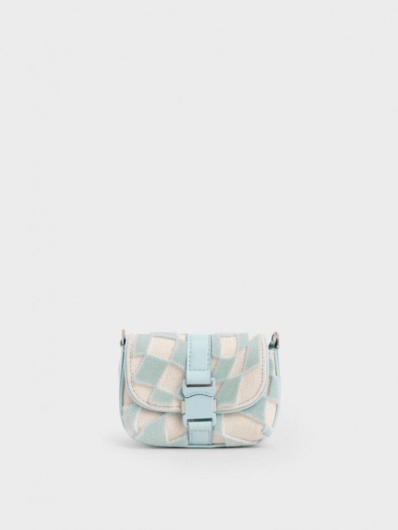 μίνι τσάντες Charles And Keith Zetta Belt πόρπης Checkered ανοιχτο μπλε | 35806-HENV