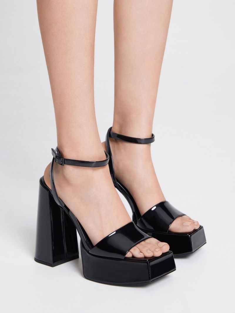 Πεδιλα Πλατφορμεσ Charles And Keith λουστρινι Ankle-λουρακια μαυρα | 12037-HWSK