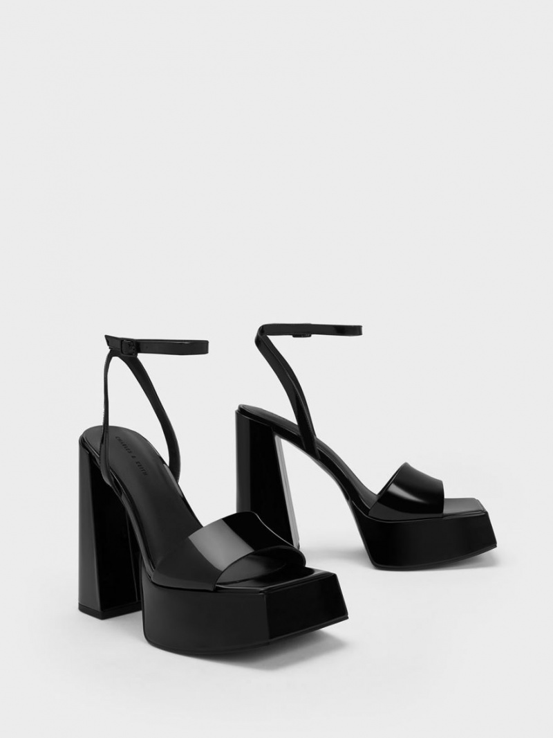 Πεδιλα Πλατφορμεσ Charles And Keith λουστρινι Ankle-λουρακια μαυρα | 12037-HWSK