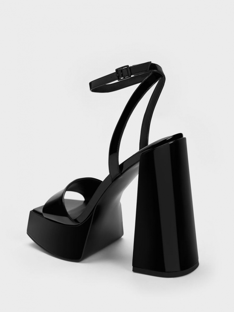 Πεδιλα Πλατφορμεσ Charles And Keith λουστρινι Ankle-λουρακια μαυρα | 12037-HWSK