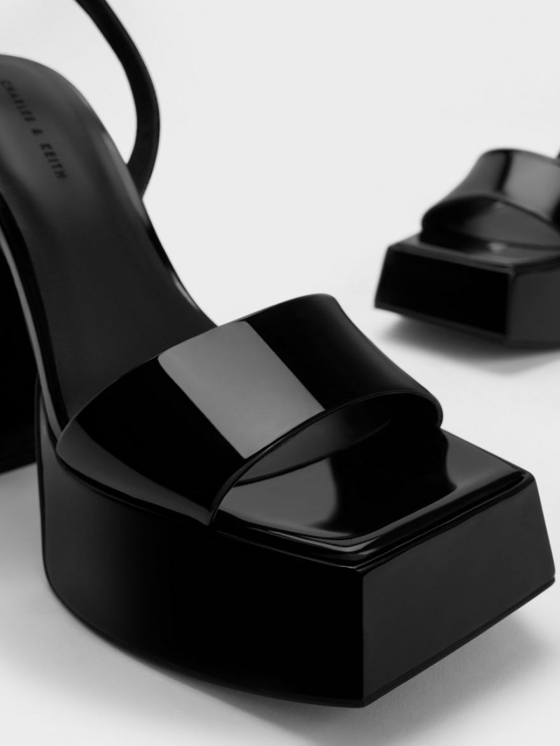 Πεδιλα Πλατφορμεσ Charles And Keith λουστρινι Ankle-λουρακια μαυρα | 12037-HWSK