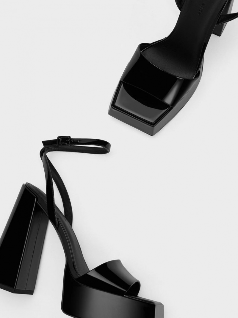 Πεδιλα Πλατφορμεσ Charles And Keith λουστρινι Ankle-λουρακια μαυρα | 12037-HWSK