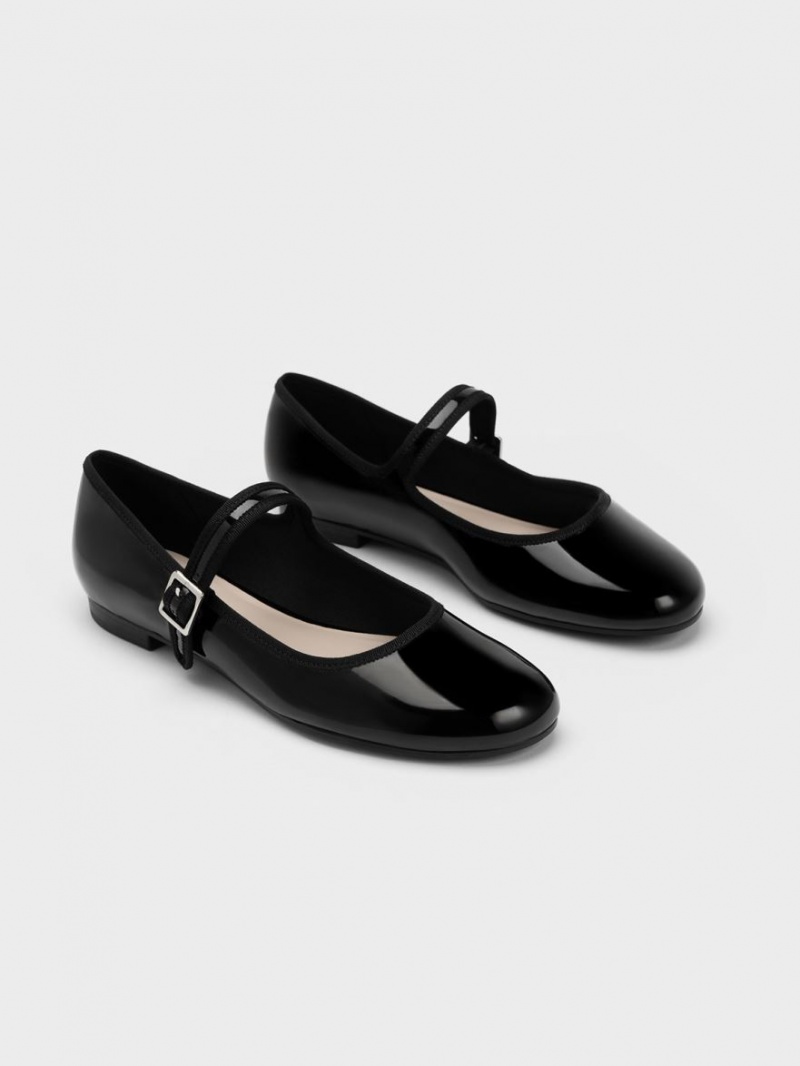 Παπουτσια Μπαλαρινεσ Charles And Keith λουστρινι Buckled Mary Jane μαυρα | 20734-LPBQ