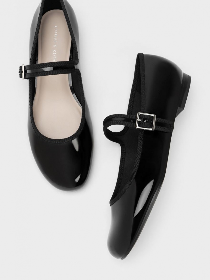 Παπουτσια Μπαλαρινεσ Charles And Keith λουστρινι Buckled Mary Jane μαυρα | 20734-LPBQ