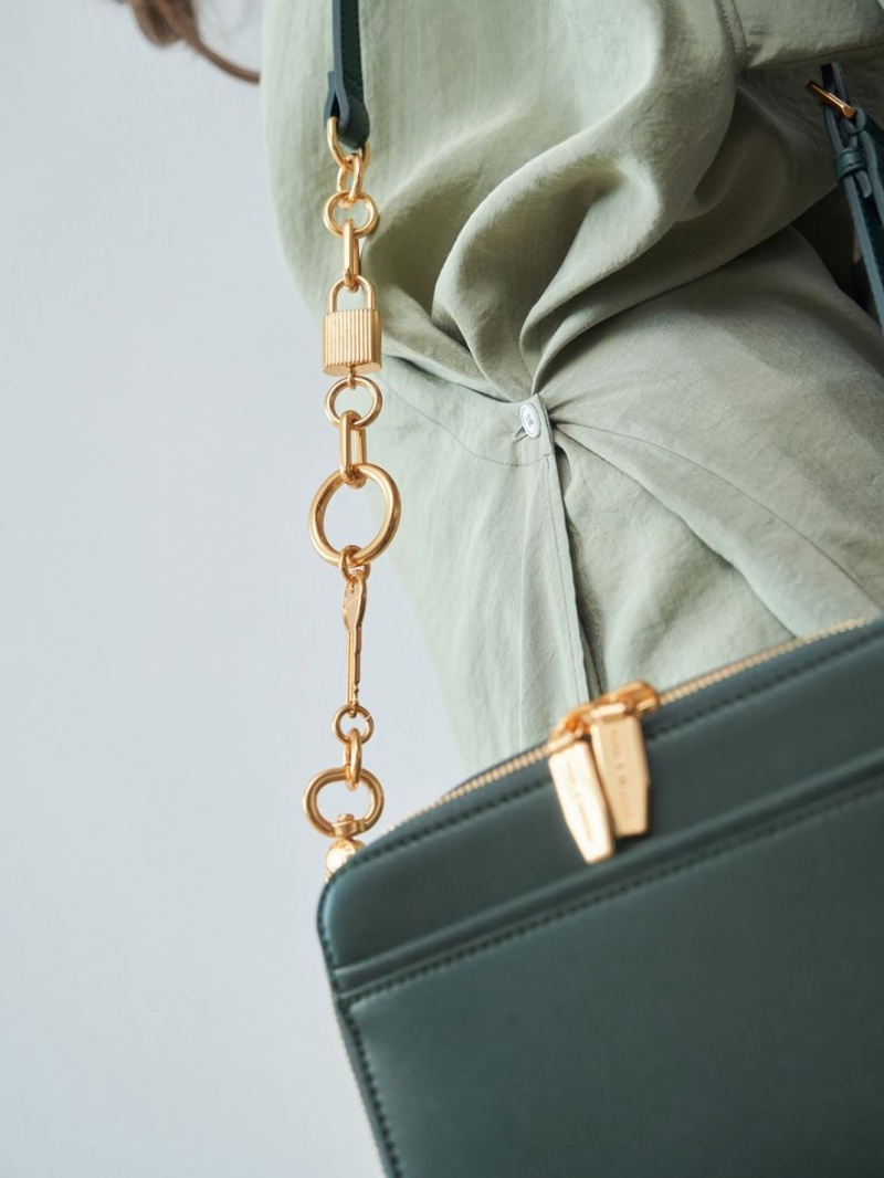 τσάντεσ χιαστί Charles And Keith Χοντρός Chain Handle Two-Way Zip σκούρο πρασινο | 16029-LVAJ