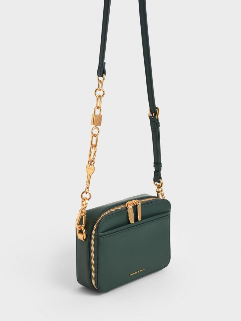 τσάντεσ χιαστί Charles And Keith Χοντρός Chain Handle Two-Way Zip σκούρο πρασινο | 16029-LVAJ