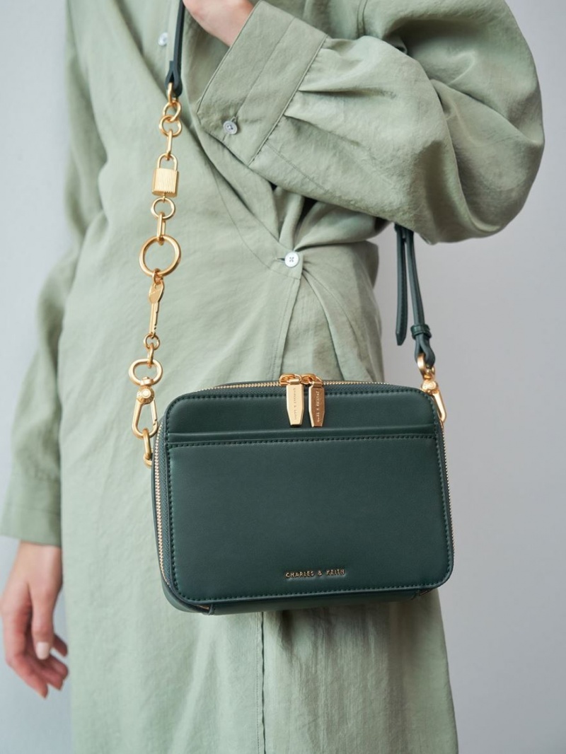 τσάντεσ χιαστί Charles And Keith Χοντρός Chain Handle Two-Way Zip σκούρο πρασινο | 16029-LVAJ