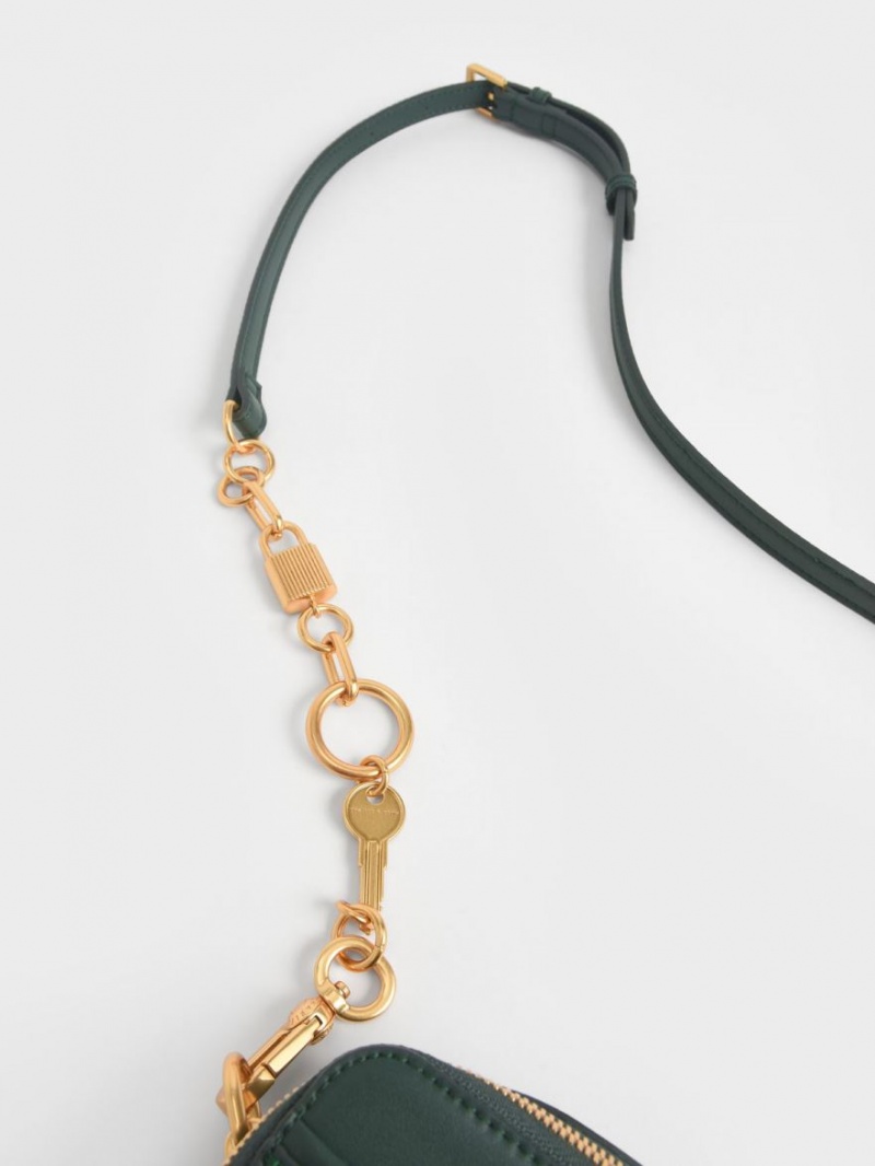 τσάντεσ χιαστί Charles And Keith Χοντρός Chain Handle Two-Way Zip σκούρο πρασινο | 16029-LVAJ
