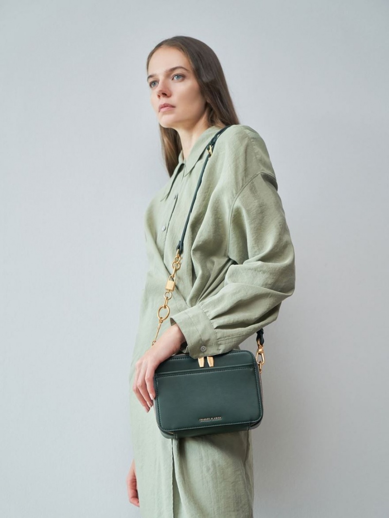 τσάντεσ χιαστί Charles And Keith Χοντρός Chain Handle Two-Way Zip σκούρο πρασινο | 16029-LVAJ