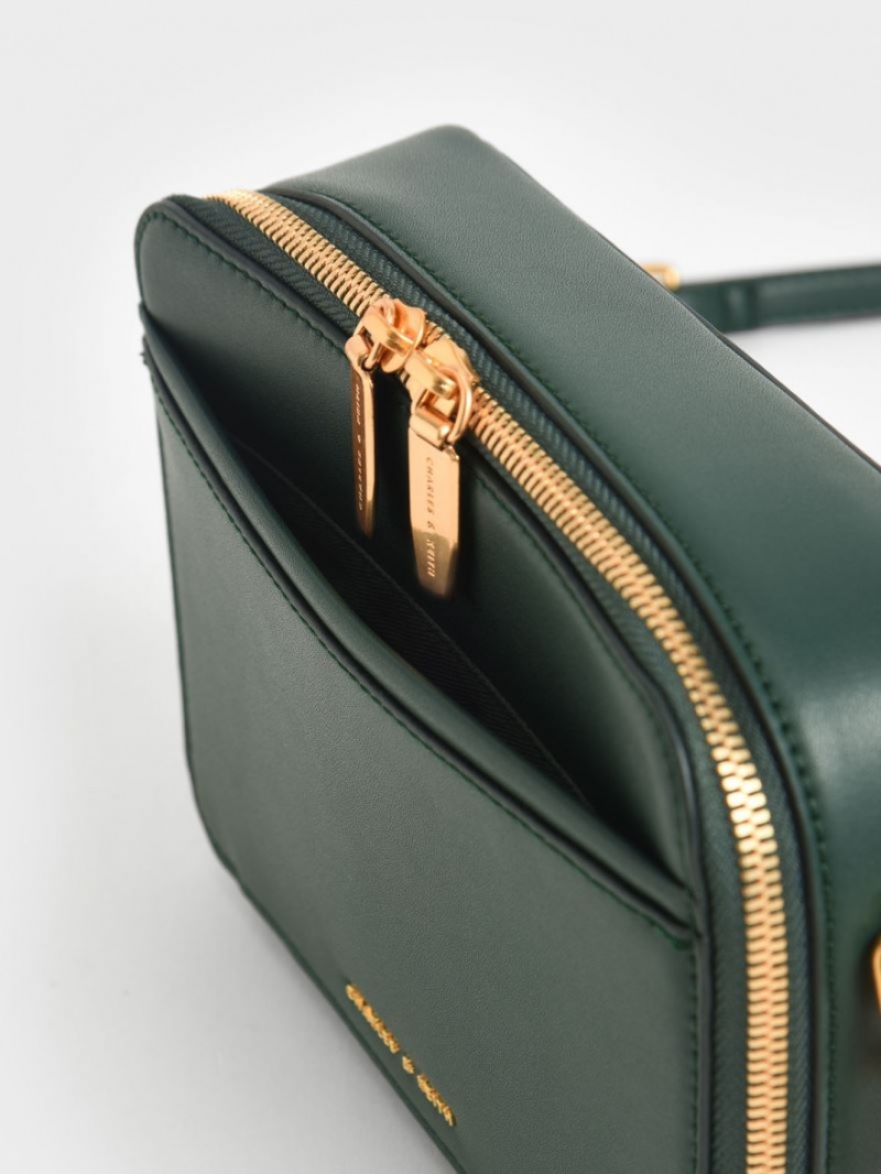 τσάντεσ χιαστί Charles And Keith Χοντρός Chain Handle Two-Way Zip σκούρο πρασινο | 16029-LVAJ