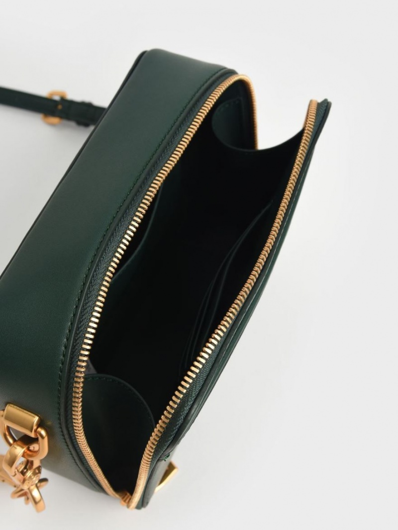 τσάντεσ χιαστί Charles And Keith Χοντρός Chain Handle Two-Way Zip σκούρο πρασινο | 16029-LVAJ