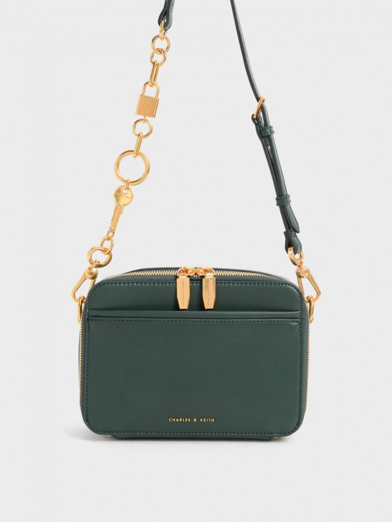 τσάντεσ χιαστί Charles And Keith Χοντρός Chain Handle Two-Way Zip σκούρο πρασινο | 16029-LVAJ