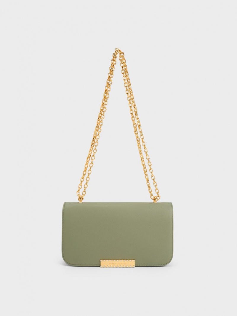 τσάντεσ ώμου Charles And Keith δερματινα Chain λουρακια Ελιά | 54086-FAIW