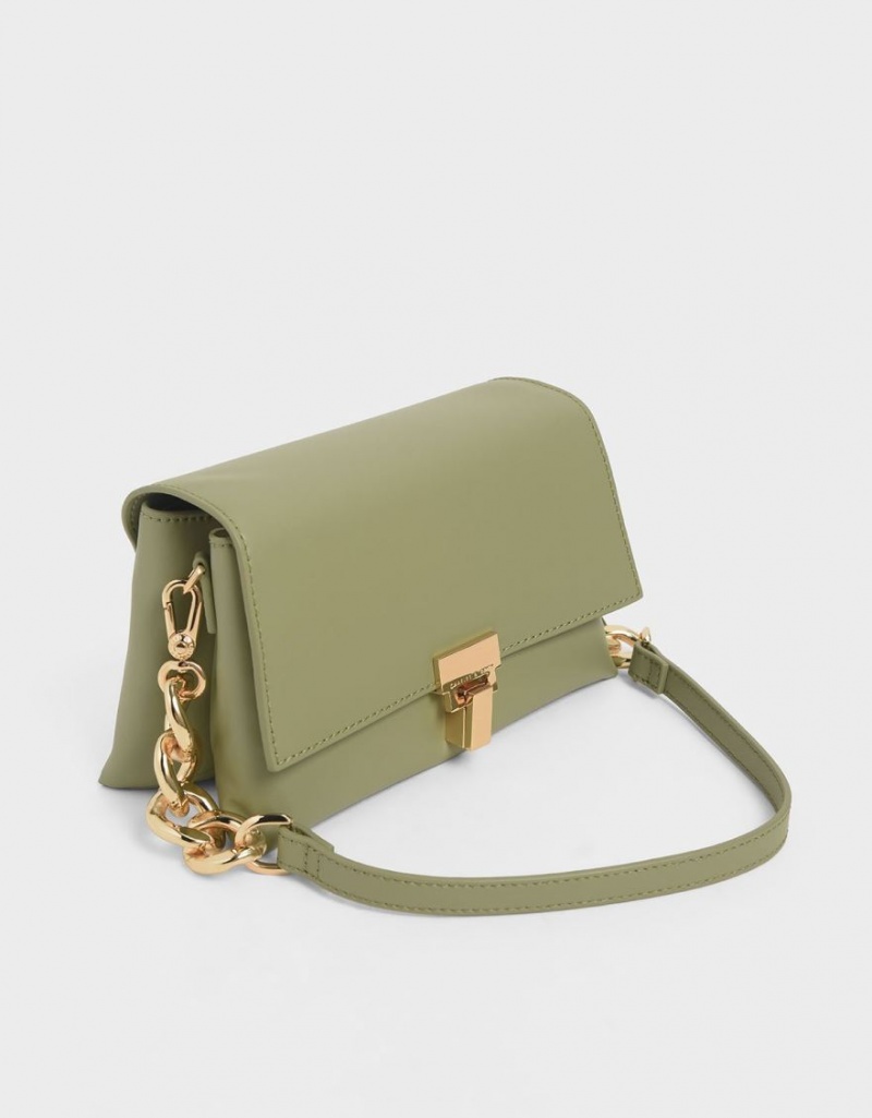 τσάντεσ ώμου Charles And Keith δερματινα Chain λουρακια Ελιά | 57163-SCGN