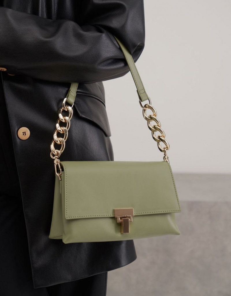 τσάντεσ ώμου Charles And Keith δερματινα Chain λουρακια Ελιά | 57163-SCGN