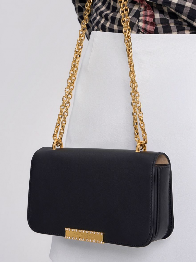 τσάντεσ ώμου Charles And Keith δερματινα Chain λουρακια μαυρα | 86451-ZHWI