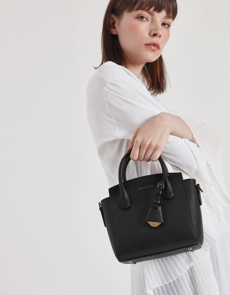 τσαντα χειροσ Charles And Keith κλασικα Double Top μαυρα | 25946-YIPC