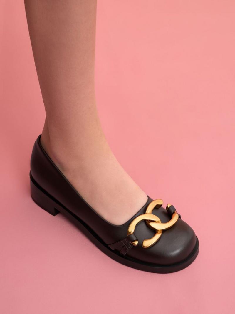 Παπουτσια Μπαλαρινεσ Charles And Keith Χοντρός Metallic Accent σκούρο καφε | 06479-POFY