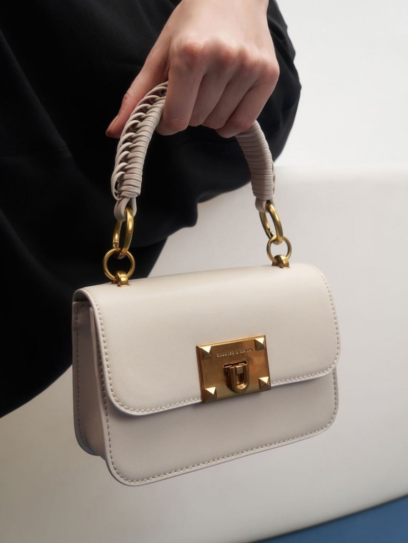 τσάντεσ ώμου Charles And Keith καμβα Metallic Turn-Lock ασπρα | 39175-MBLI