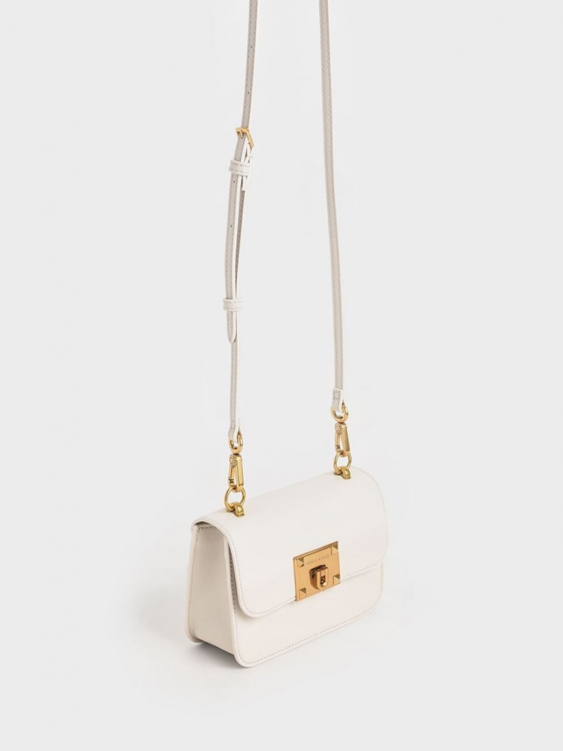 τσάντεσ ώμου Charles And Keith καμβα Metallic Turn-Lock ασπρα | 39175-MBLI
