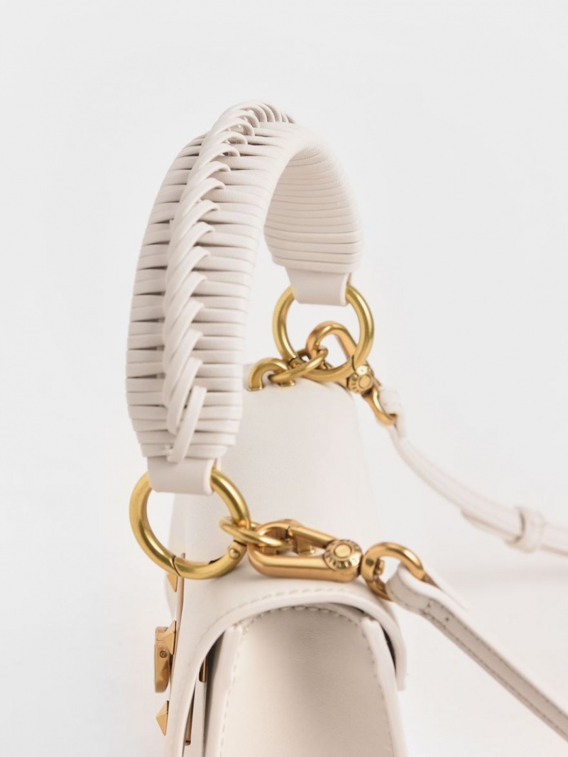 τσάντεσ ώμου Charles And Keith καμβα Metallic Turn-Lock ασπρα | 39175-MBLI