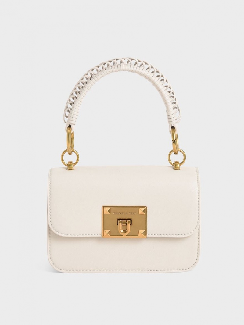 τσάντεσ ώμου Charles And Keith καμβα Metallic Turn-Lock ασπρα | 39175-MBLI