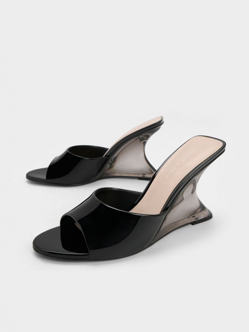 παπουτσια πλατφορμα Charles And Keith λουστρινι Sculptural Heel μαυρα | 94685-ZSMO