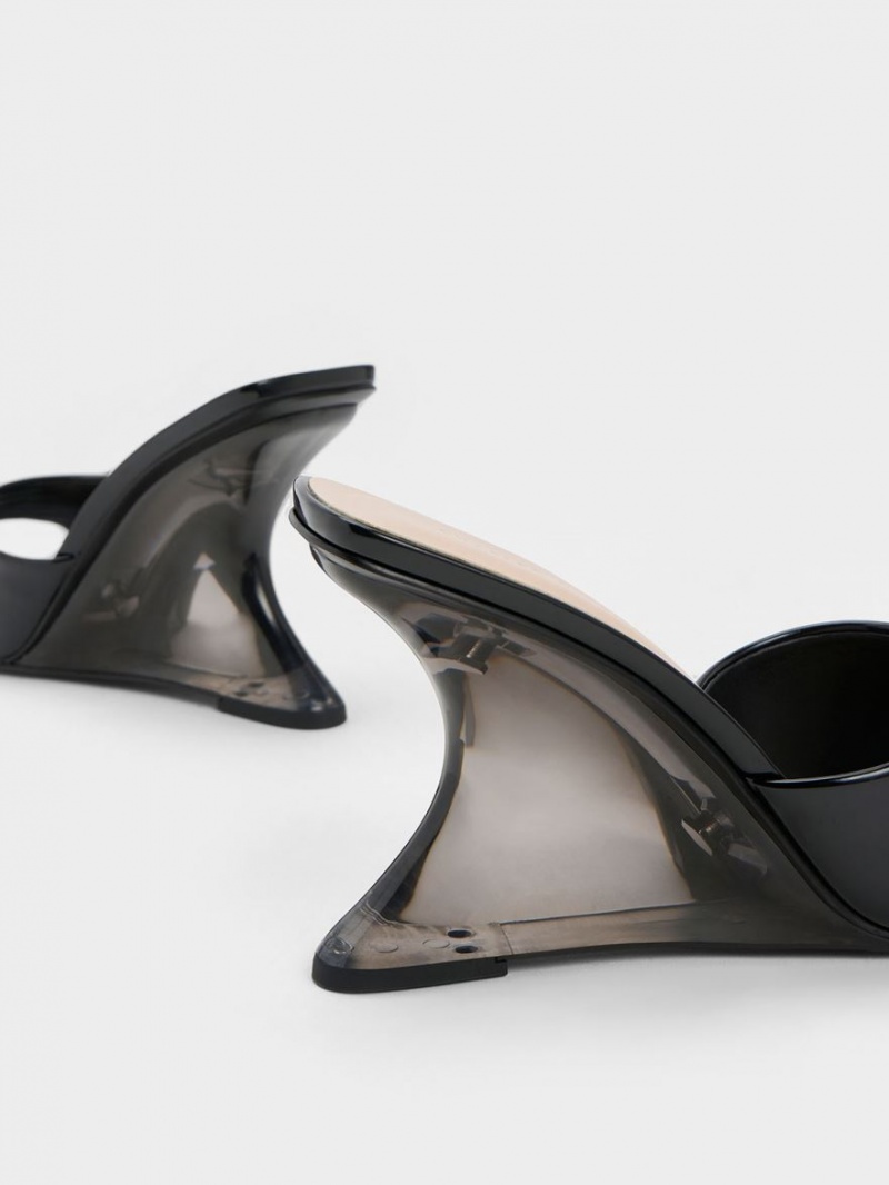 παπουτσια πλατφορμα Charles And Keith λουστρινι Sculptural Heel μαυρα | 94685-ZSMO