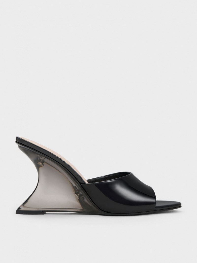 παπουτσια πλατφορμα Charles And Keith λουστρινι Sculptural Heel μαυρα | 94685-ZSMO