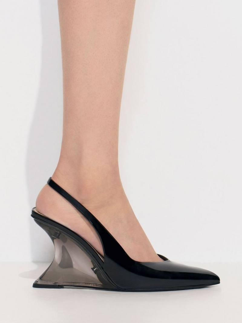παπουτσια πλατφορμα Charles And Keith λουστρινι Sculptural Slingback μαυρα | 14065-YIHN