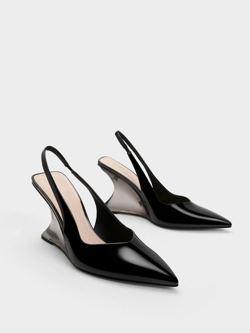 παπουτσια πλατφορμα Charles And Keith λουστρινι Sculptural Slingback μαυρα | 14065-YIHN