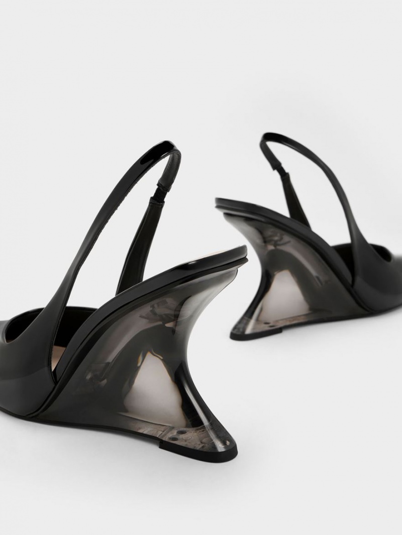 παπουτσια πλατφορμα Charles And Keith λουστρινι Sculptural Slingback μαυρα | 14065-YIHN