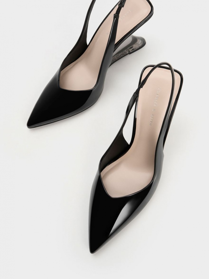 παπουτσια πλατφορμα Charles And Keith λουστρινι Sculptural Slingback μαυρα | 14065-YIHN