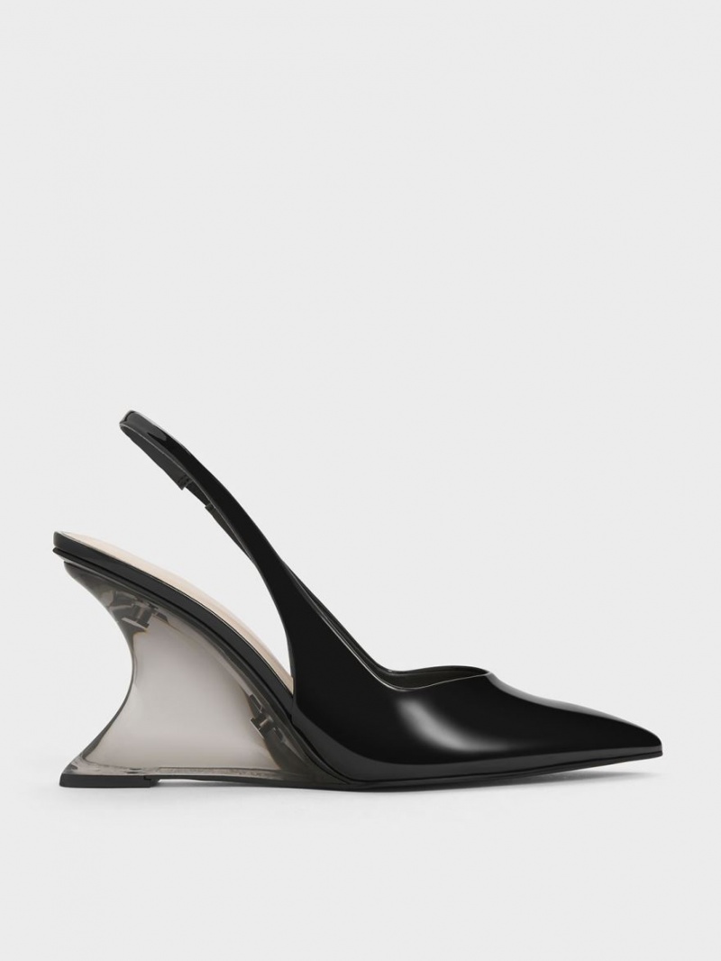 παπουτσια πλατφορμα Charles And Keith λουστρινι Sculptural Slingback μαυρα | 14065-YIHN