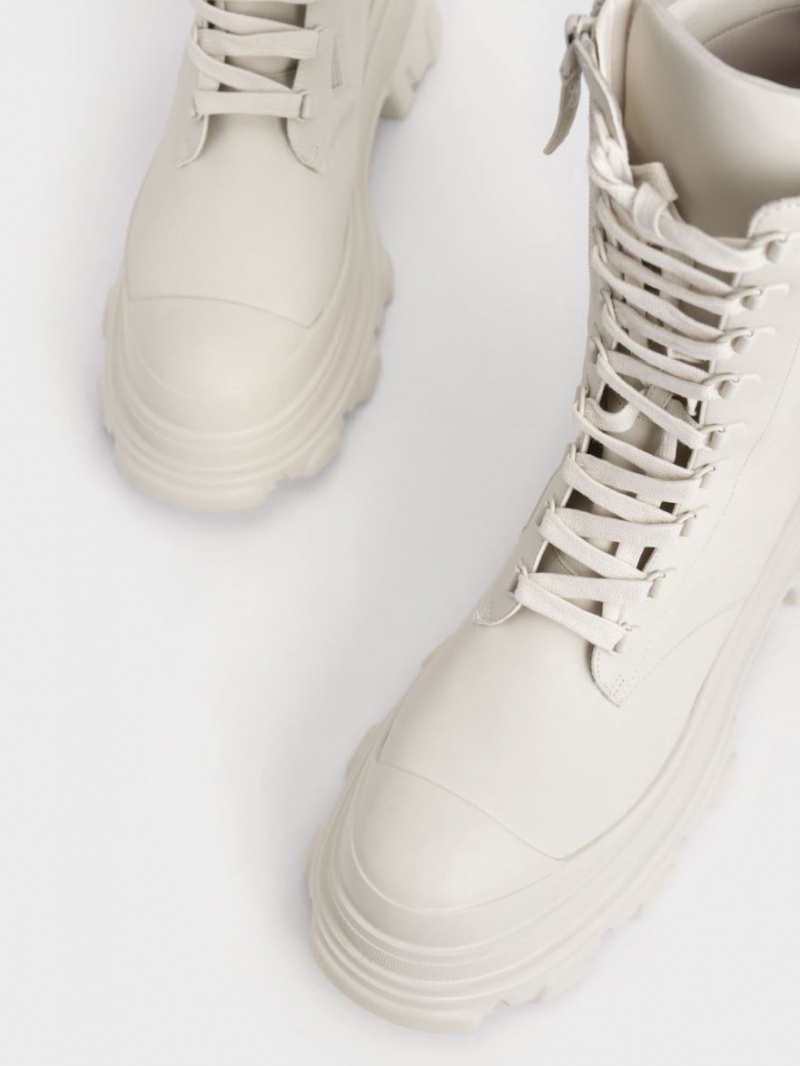 Μπότες μάχης Charles And Keith Χοντρός Sole Με Επένδυση ασπρα | 81630-CZGE