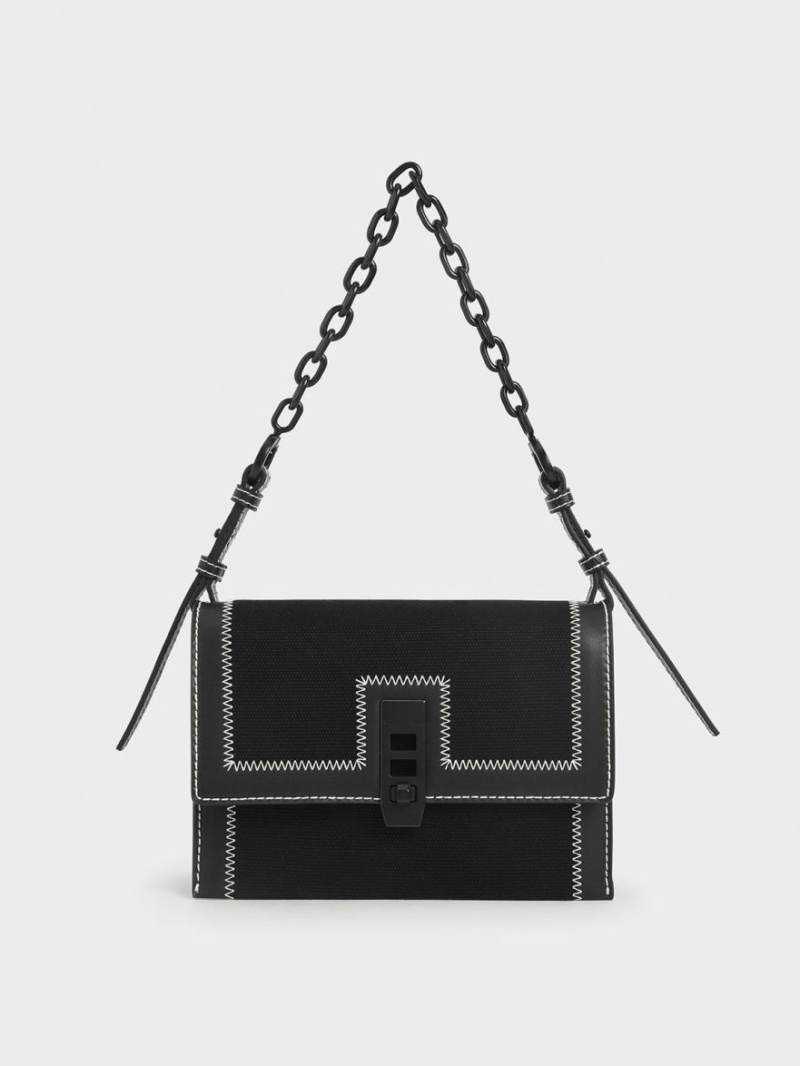 τσαντα χειροσ Charles And Keith καμβα Turn-Lock Chain μαυρα | 57293-LJTK