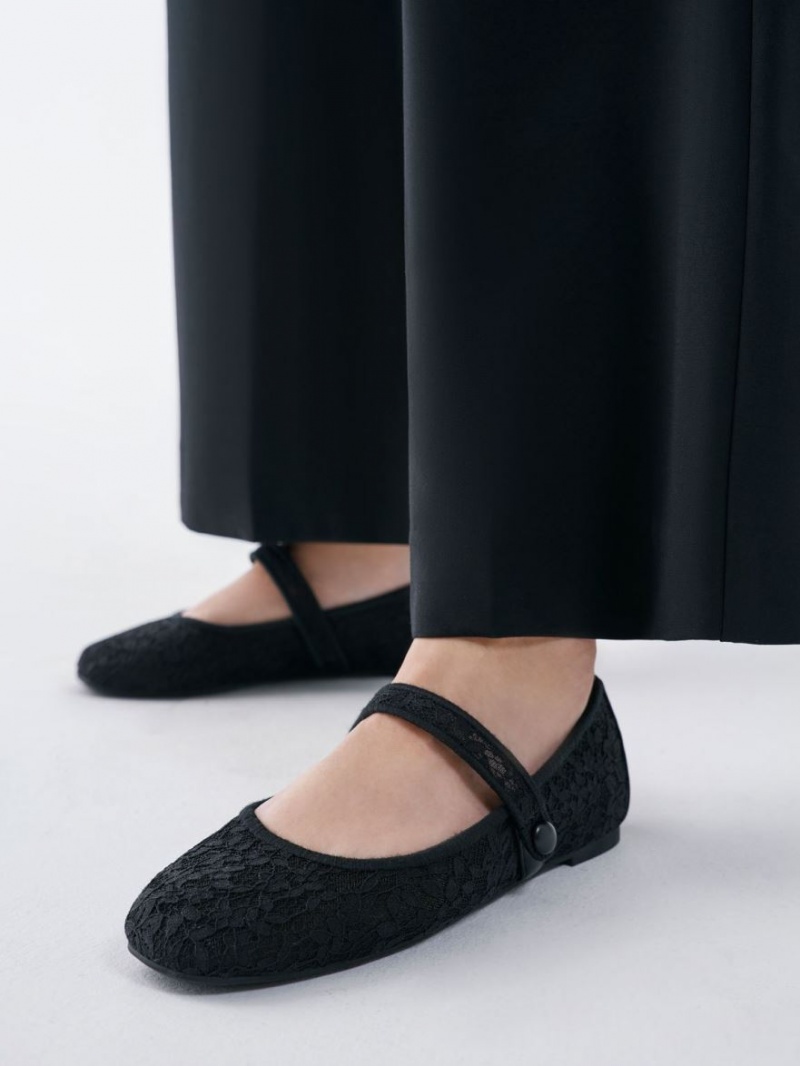 Παπουτσια Μπαλαρινεσ Charles And Keith δαντελα & Mesh Mary Jane μαυρα | 83475-ZKPL