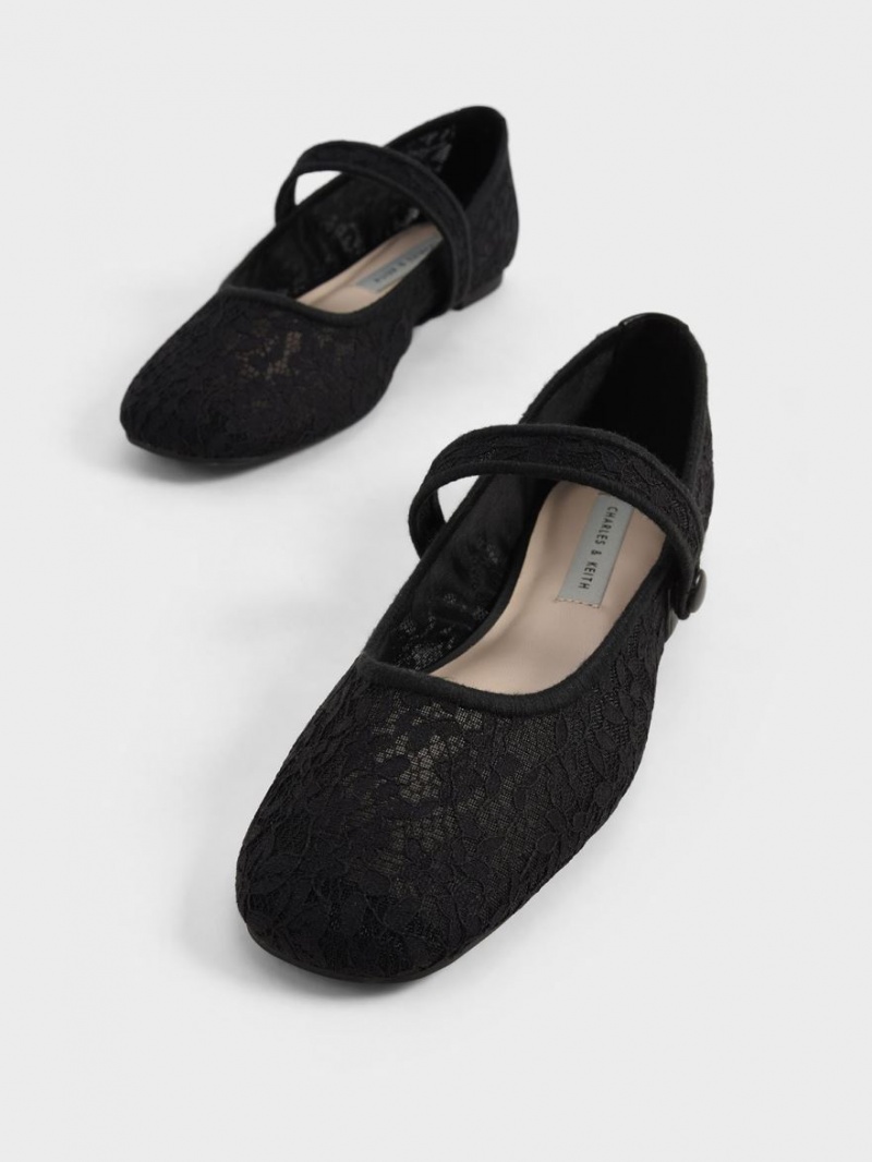 Παπουτσια Μπαλαρινεσ Charles And Keith δαντελα & Mesh Mary Jane μαυρα | 83475-ZKPL