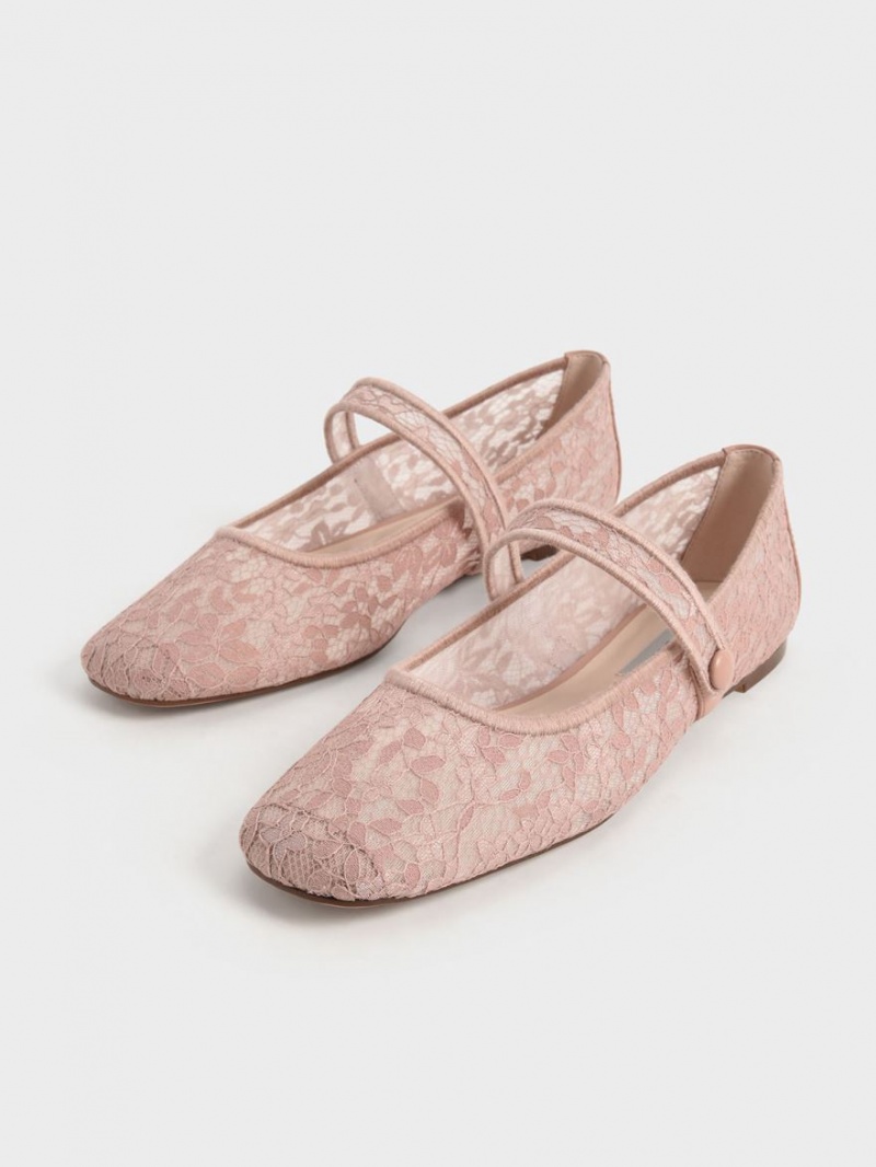Παπουτσια Μπαλαρινεσ Charles And Keith δαντελα & Mesh Mary Jane ροζ | 91028-JTUS